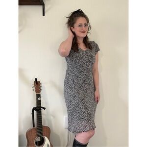 Vintage 1990s AMI Black & White Floral Maxi Dress‎ with Slit Sleeves